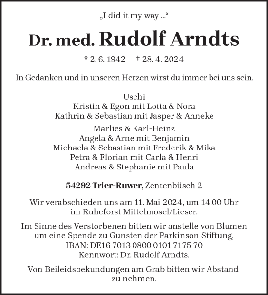 Traueranzeige von Rudolf Arndts von trierischer_volksfreund
