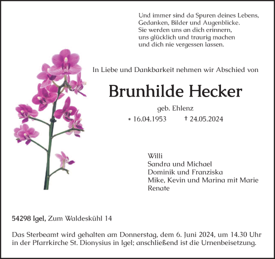 Traueranzeigen Von Brunhilde Hecker Volksfreund Trauer De