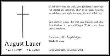 Traueranzeige von August Lauer von TRIERISCHER VOLKSFREUND