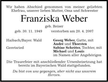 Traueranzeige von Franziska Weber von TRIERISCHER VOLKSFREUND