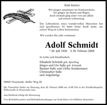 Traueranzeige von Adolf Schmidt von TRIERISCHER VOLKSFREUND