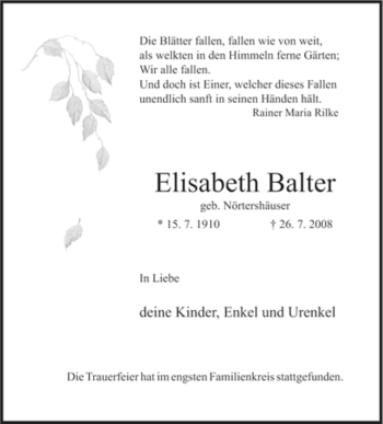 Traueranzeige von Elisabeth Balter von TRIERISCHER VOLKSFREUND