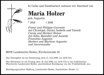 Traueranzeige von Maria Holzer von TRIERISCHER VOLKSFREUND