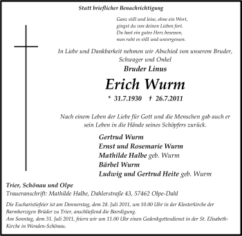 Traueranzeige von Erich Wurm von TRIERISCHER VOLKSFREUND