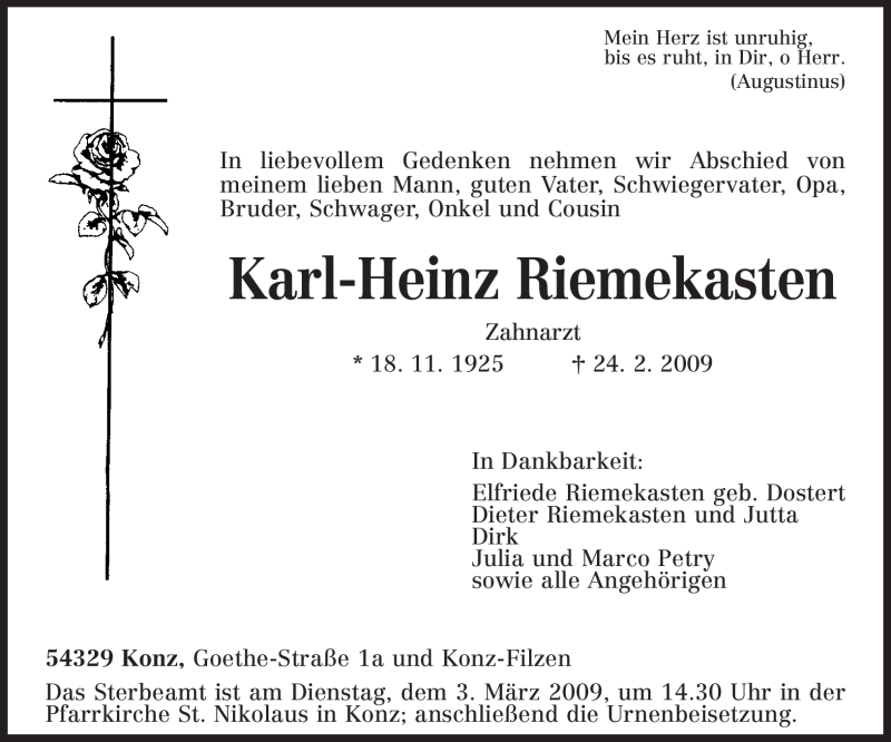  Traueranzeige für Karl-Heinz Riemekasten vom 27.02.2009 aus TRIERISCHER VOLKSFREUND
