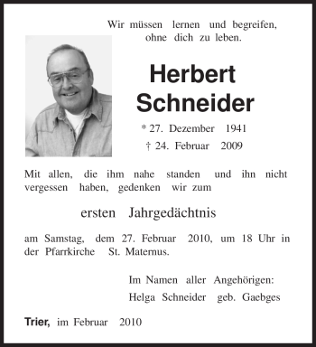 Traueranzeige von Herbert Schneider von TRIERISCHER VOLKSFREUND