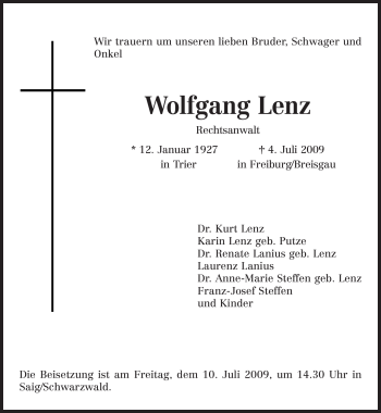 Traueranzeige von Wolfgang Lenz von TRIERISCHER VOLKSFREUND