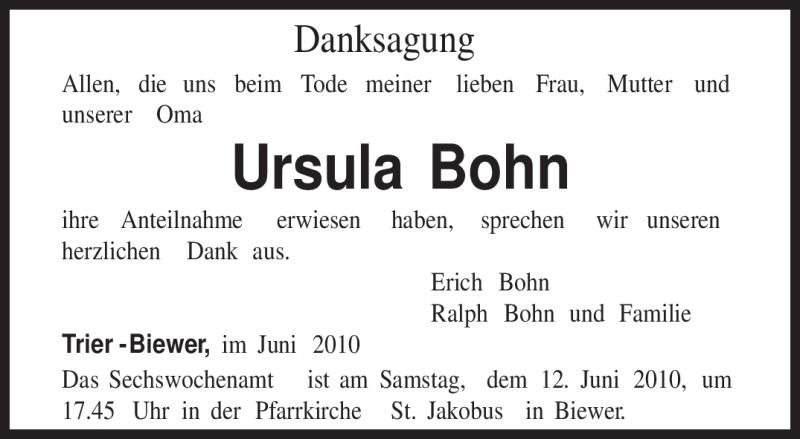  Traueranzeige für Ursula Bohn vom 05.06.2010 aus TRIERISCHER VOLKSFREUND