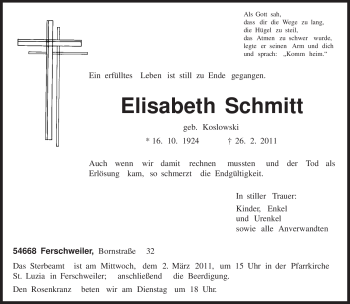 Traueranzeige von Elisabeth Schmitt von TRIERISCHER VOLKSFREUND