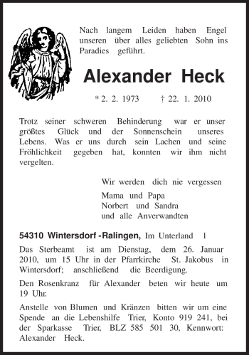 Traueranzeige von Alexander Heck von TRIERISCHER VOLKSFREUND