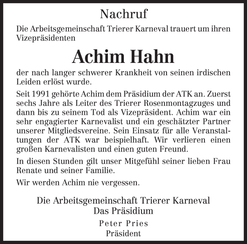  Traueranzeige für Achim Hahn vom 14.11.2008 aus TRIERISCHER VOLKSFREUND