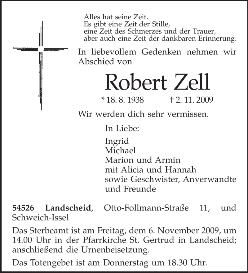  Traueranzeige für Robert Zell vom 04.11.2009 aus TRIERISCHER VOLKSFREUND