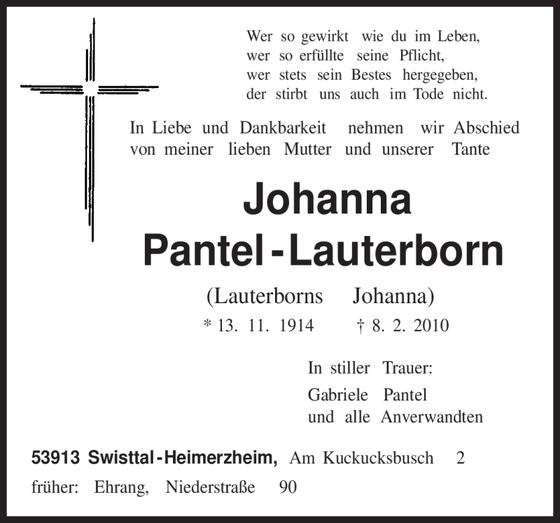  Traueranzeige für Johanna Pantel-Lauterborn vom 13.02.2010 aus TRIERISCHER VOLKSFREUND