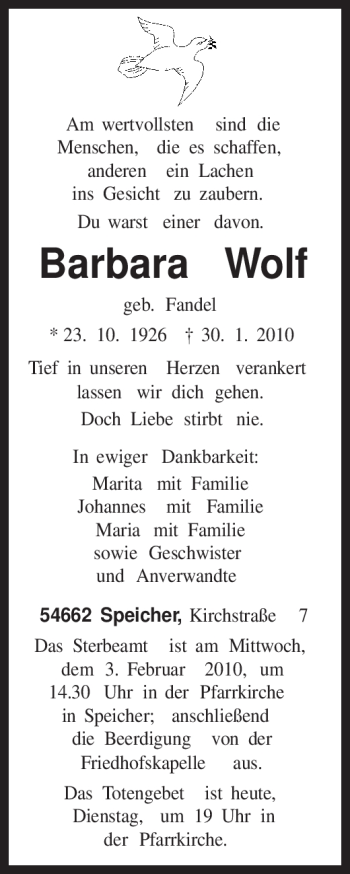 Traueranzeige von Barbara Wolf von TRIERISCHER VOLKSFREUND