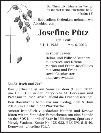 Traueranzeige von Josefine Pütz von TRIERISCHER VOLKSFREUND