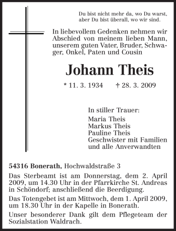 Traueranzeige von Johann Theis von TRIERISCHER VOLKSFREUND
