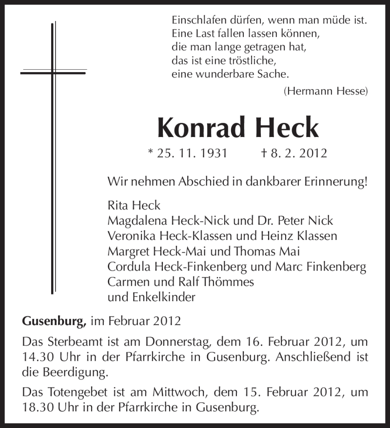  Traueranzeige für Konrad Heck vom 11.02.2012 aus TRIERISCHER VOLKSFREUND