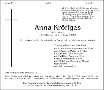 Traueranzeige von Anna Kröffges von TRIERISCHER VOLKSFREUND