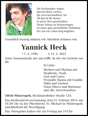 Traueranzeige von Yannick Heck von trierischer_volksfreund