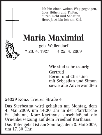 Traueranzeige von Maria Maximini von TRIERISCHER VOLKSFREUND