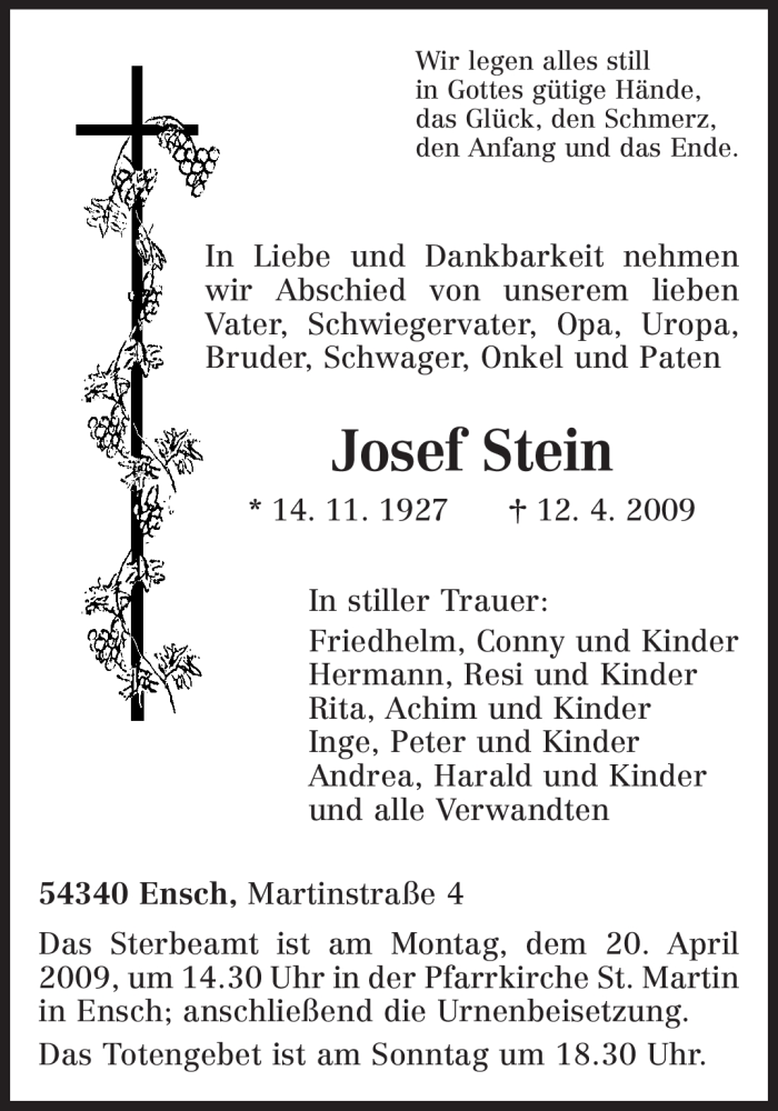  Traueranzeige für Josef Stein vom 16.04.2009 aus TRIERISCHER VOLKSFREUND