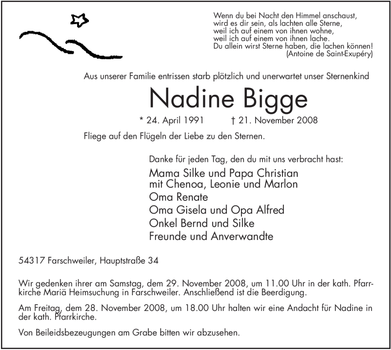  Traueranzeige für Nadine Bigge vom 26.11.2008 aus TRIERISCHER VOLKSFREUND
