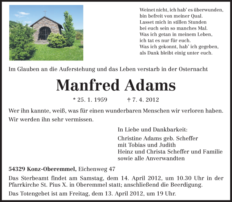  Traueranzeige für Manfred Adams vom 12.04.2012 aus TRIERISCHER VOLKSFREUND