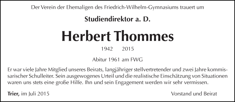  Traueranzeige für Herbert Thommes vom 03.07.2015 aus trierischer_volksfreund