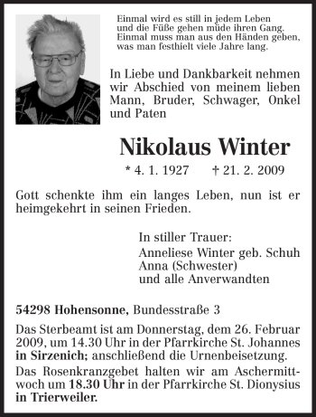 Traueranzeige von Nikolaus Winter von TRIERISCHER VOLKSFREUND
