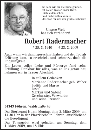 Traueranzeige von Robert Radermacher von TRIERISCHER VOLKSFREUND