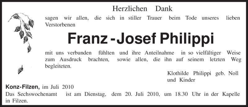  Traueranzeige für Franz - Josef Philippi vom 16.07.2010 aus TRIERISCHER VOLKSFREUND