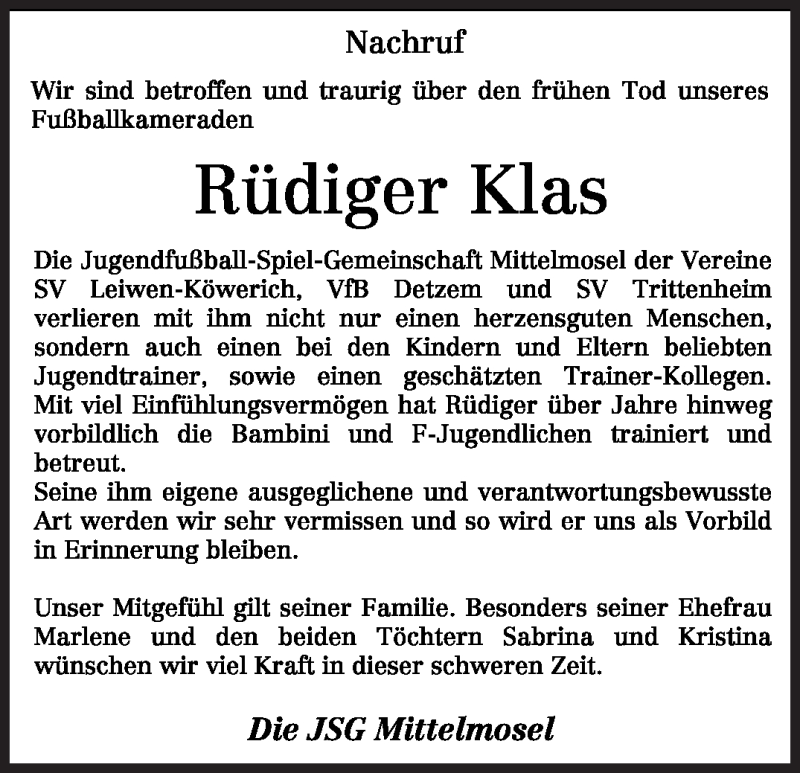  Traueranzeige für Rüdiger Klas vom 04.12.2010 aus TRIERISCHER VOLKSFREUND