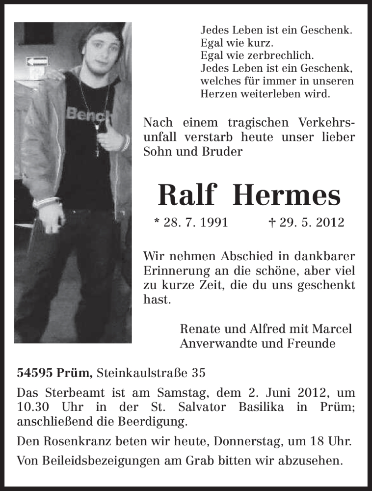  Traueranzeige für Ralf Hermes vom 31.05.2012 aus TRIERISCHER VOLKSFREUND