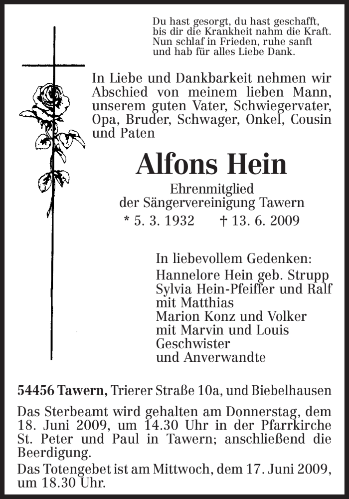  Traueranzeige für Alfons Hein vom 15.06.2009 aus TRIERISCHER VOLKSFREUND