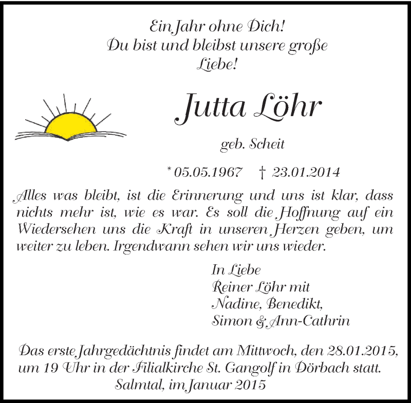  Traueranzeige für Jutta Löhr vom 23.01.2015 aus trierischer_volksfreund