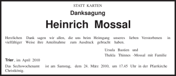 Traueranzeige von Heinrich Mossal von TRIERISCHER VOLKSFREUND