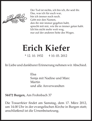 Traueranzeige von Erich Kiefer von TRIERISCHER VOLKSFREUND
