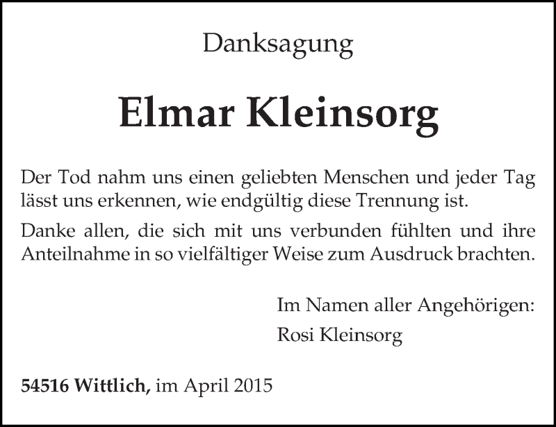  Traueranzeige für Elmar Kleinsorg vom 11.04.2015 aus trierischer_volksfreund