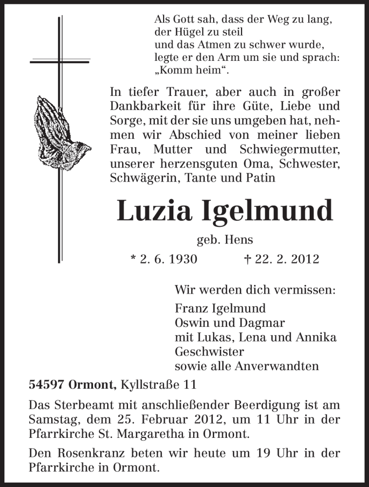  Traueranzeige für Luzia Igelmund vom 24.02.2012 aus TRIERISCHER VOLKSFREUND