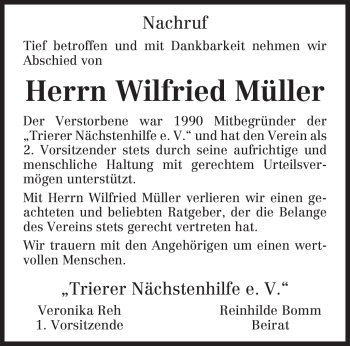 Traueranzeige von Wilfried Müller von TRIERISCHER VOLKSFREUND