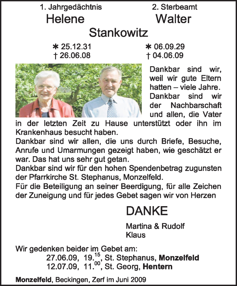  Traueranzeige für Helene Stankowitz vom 20.06.2009 aus TRIERISCHER VOLKSFREUND