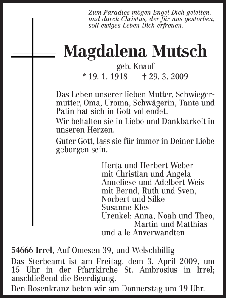  Traueranzeige für Magdalena Mutsch vom 31.03.2009 aus TRIERISCHER VOLKSFREUND