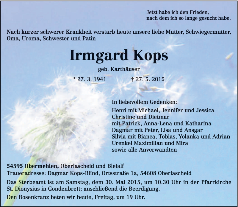  Traueranzeige für Irmgard Kops vom 29.05.2015 aus trierischer_volksfreund