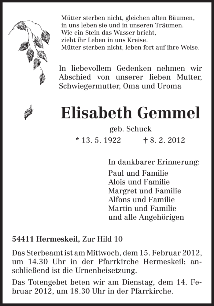  Traueranzeige für Elisabeth Gemmel vom 11.02.2012 aus TRIERISCHER VOLKSFREUND