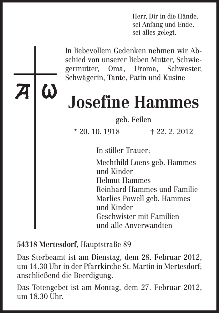  Traueranzeige für Josefine Hammes vom 25.02.2012 aus TRIERISCHER VOLKSFREUND