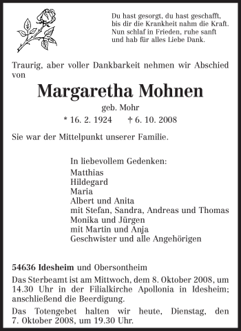 Traueranzeige von Margaretha Mohnen von TRIERISCHER VOLKSFREUND