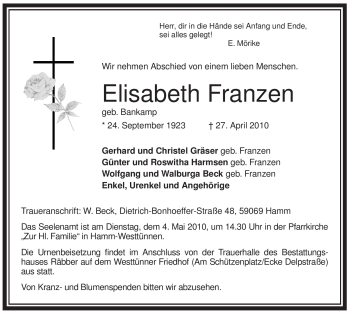 Traueranzeige von Elisabeth Franzen von TRIERISCHER VOLKSFREUND