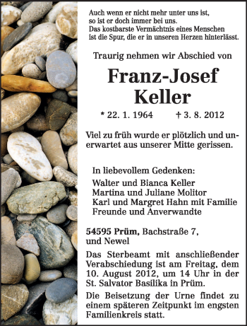 Traueranzeige von Franz-Josef Keller von TRIERISCHER VOLKSFREUND