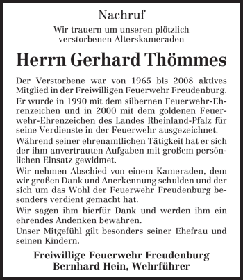 Traueranzeige von Gerhard Thömmes von TRIERISCHER VOLKSFREUND