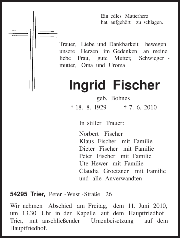 Traueranzeigen Von Ingrid Fischer Volksfreund Trauer De